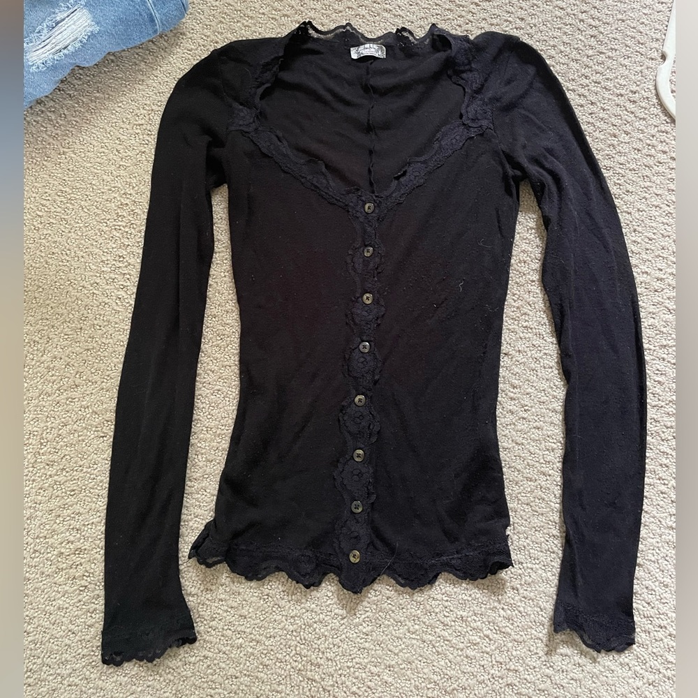 Black lace trimmed Free People button down tight top XS